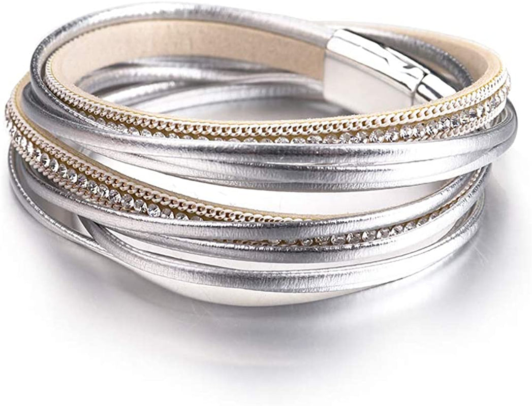 Fesciory Leather Wrap Bracelet for Women, Leopard Multi-Layer Magnetic Buckle Cuff Bracelet Jewelry Apparel & Accessories > Jewelry > Bracelets Fesciory B15-Silver Rhinestone  