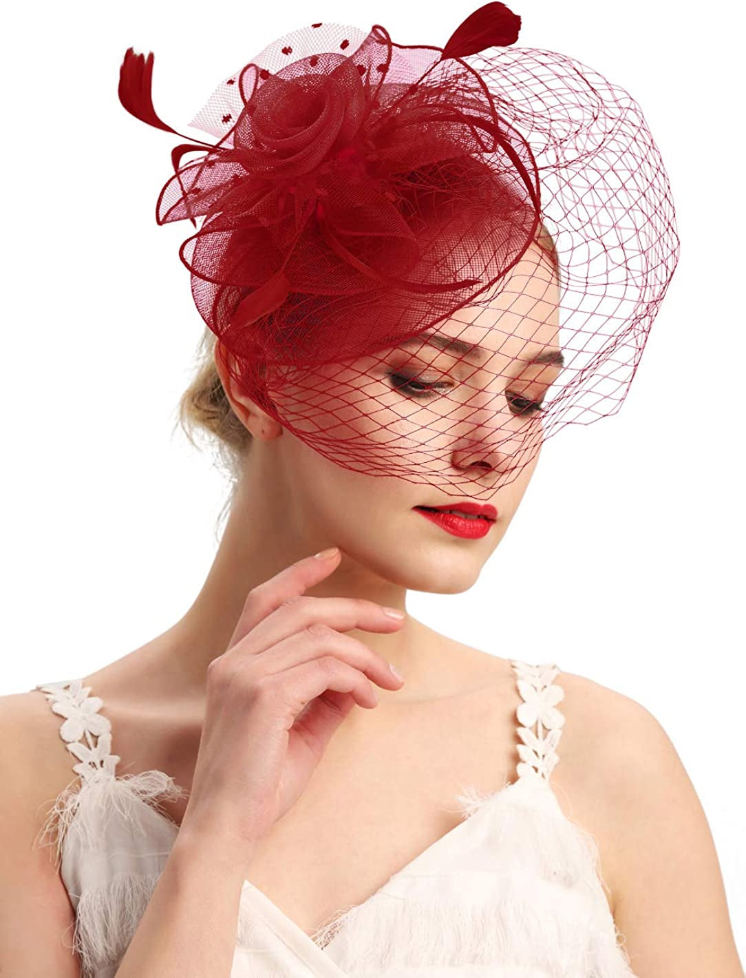 Fascinators Hats 20S 50S Hat Pillbox Hat Cocktail Tea Party Headwear with Veil for Girls and Women Apparel & Accessories > Clothing Accessories > Headwear Cizoe D-burgundy  