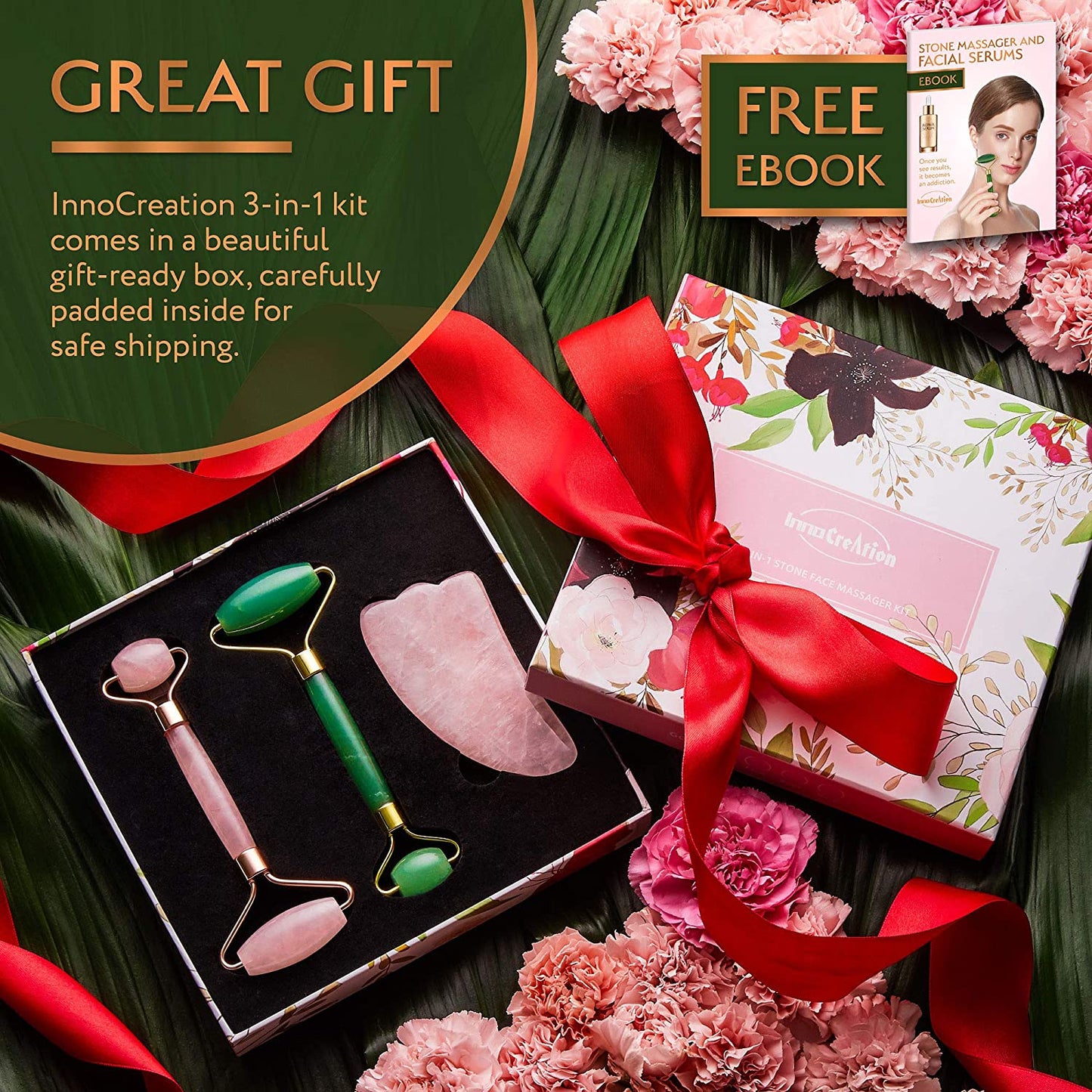 Authentic Jade Roller, Natural Rose Quartz Roller and Gua Sha | 3-In-1 Stone Face Massager Kit | Anti-Aging Beauty Tools for Slimming, Toning and Firming Skin | Reduce Puffy Eyes and Firm Wrinkles Health & Beauty > Personal Care > Cosmetics > Cosmetic Tools > Skin Care Tools InnoCreation   