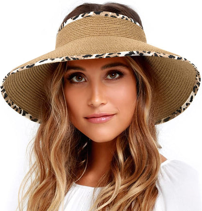 FURTALK Sun Visor Hats for Women Wide Brim Straw Roll up Ponytail Summer Beach Hat UV UPF Packable Foldable Travel Apparel & Accessories > Clothing Accessories > Hats KYLIE MAX Khaki Leopard Medium 