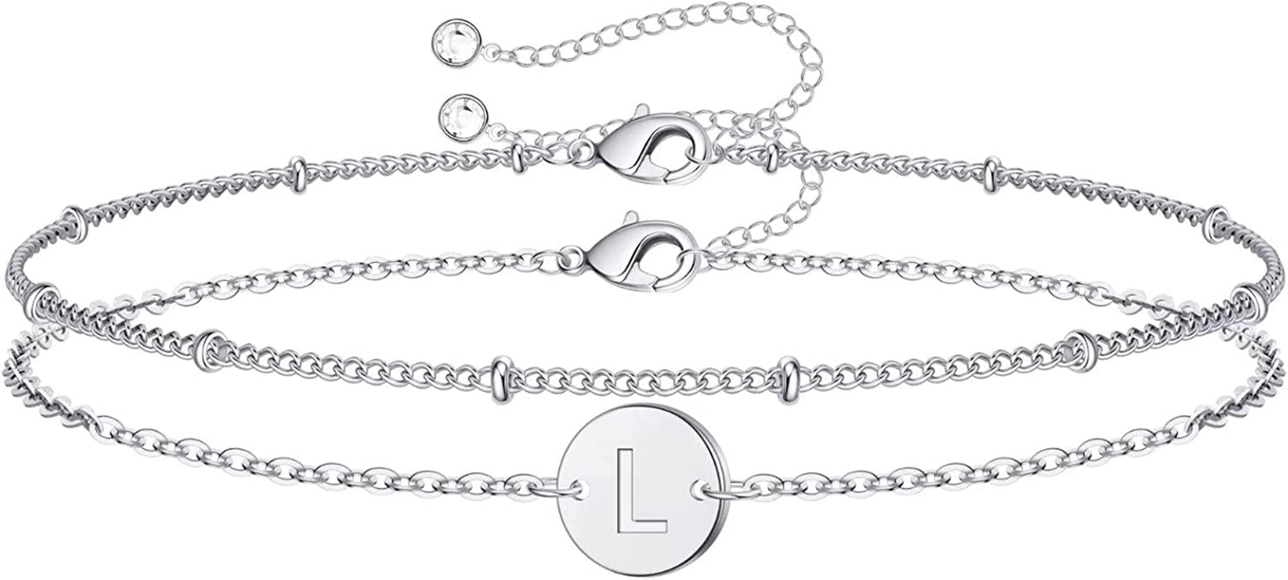 Silver Initial Bracelets for Women Teen Girls, 14K White Gold Filled Layered Letter Initial Bracelet Dainty Disc Initial Charm Bracelets Silver Bracelets for Women Girls Jewelry Gifts for Girls Apparel & Accessories > Jewelry > Bracelets MONOZO L  