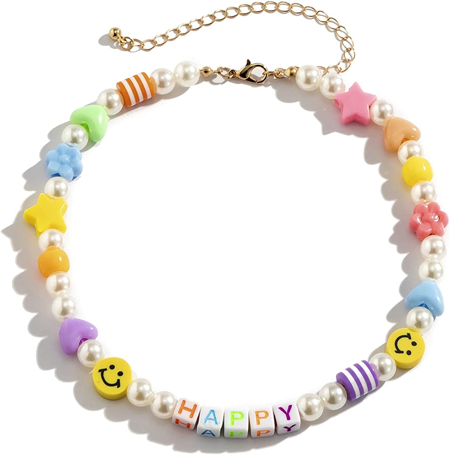 Boho Smiley Layered Beaded Necklaces with Strand Bracelet, Smile Face Star Fruits Flowers Heart Shape Beads Pearl Stackable Collar Necklace Anklet for Women Girls Vsco Summer Beach Trip Apparel & Accessories > Jewelry > Anklets Bincon B HAPPY  