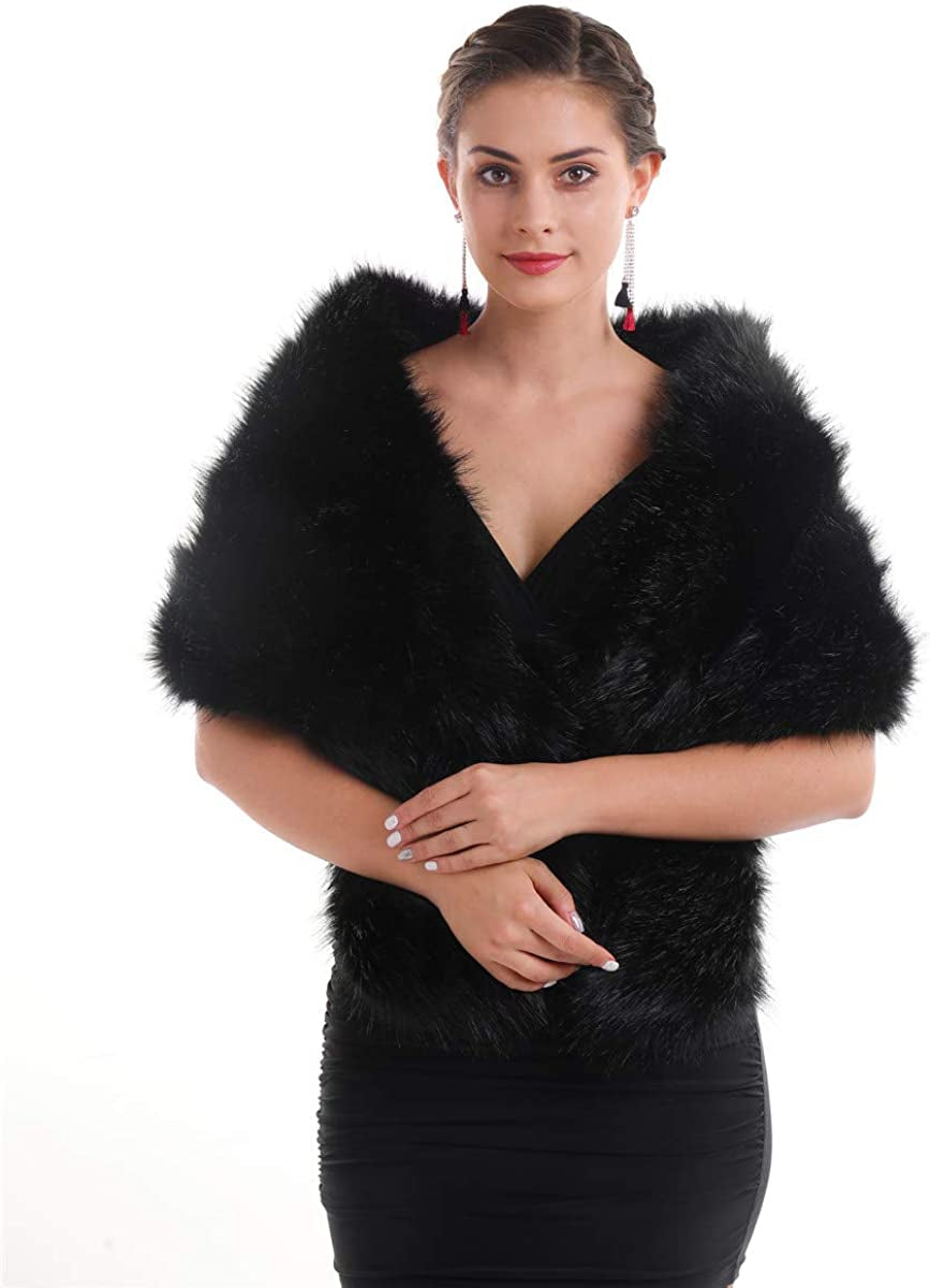 Lucky Leaf Women Luxurious Large Winter Faux Fur Scarf Wrap Collar Shrug for Lady Poncho Wedding Dinner Party Apparel & Accessories > Clothing Accessories > Scarves & Shawls Lucky Leaf Shawl Black  