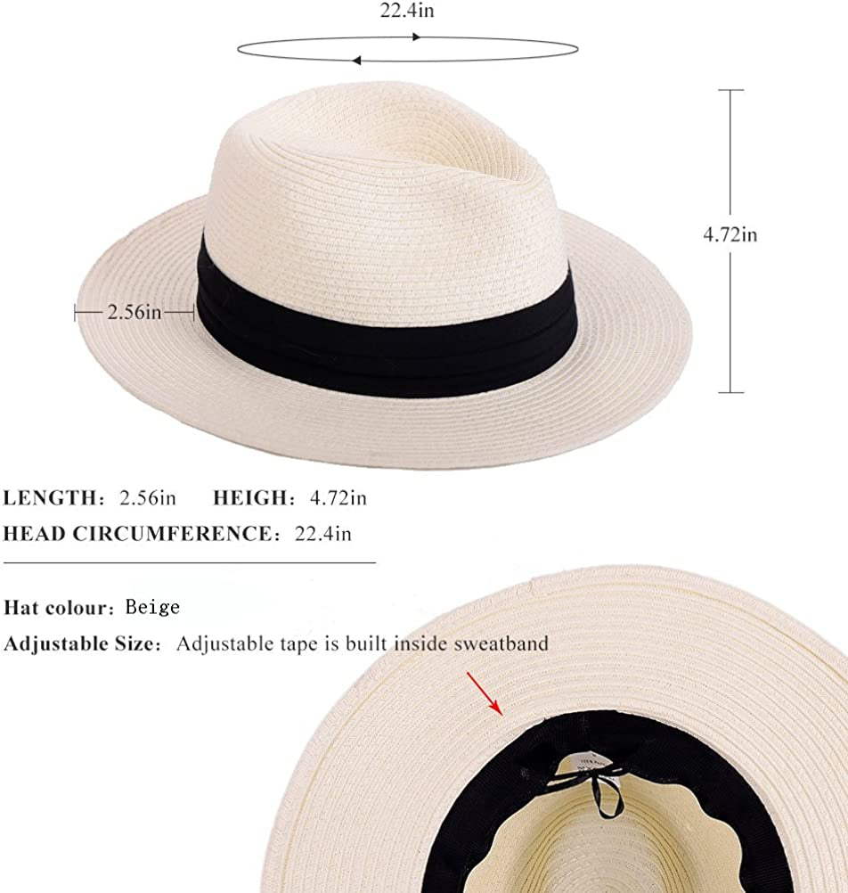 Panama Straw Hats for Women Summer Beach Sun Hat Wide Brim Fedora Cap UPF50+ Apparel & Accessories > Clothing Accessories > Hats KYLIE MAX   
