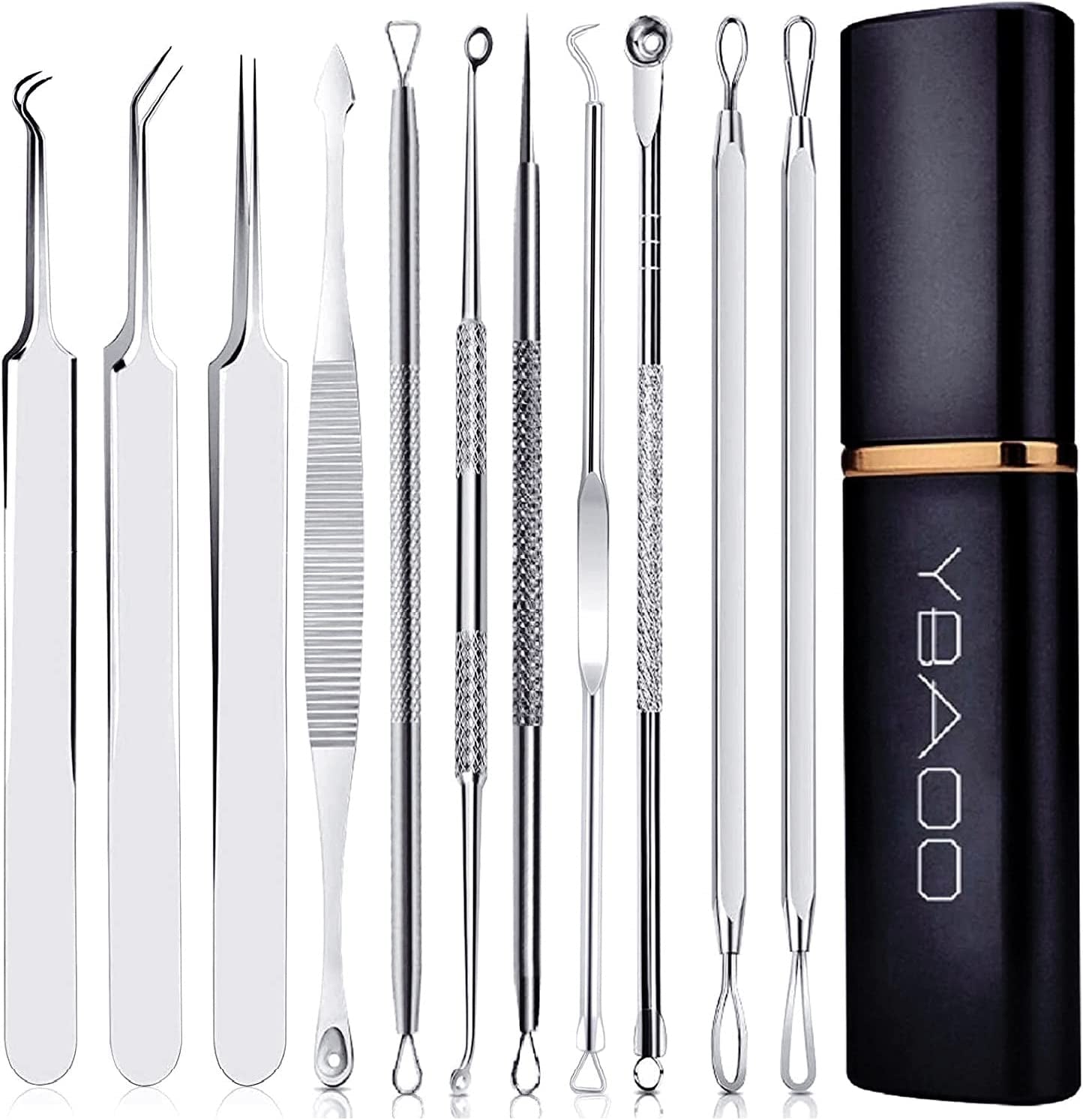 Pimple Popper Tool Kit 11 Pcs, Ybaoo Blackhead Remover Pimple Extractor Tools with Metal Case for Quick and Easy Removal of Blackheads,Pimples,Whiteheads,Zit Popper,Forehead,Facial and Nose (Black) Health & Beauty > Personal Care > Cosmetics > Cosmetic Tools > Skin Care Tools Ybaoo 11.0 11 Count (Pack of 1) 
