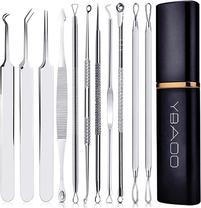 Pimple Popper Tool Kit 11 Pcs, Ybaoo Blackhead Remover Pimple Extractor Tools with Metal Case for Quick and Easy Removal of Blackheads,Pimples,Whiteheads,Zit Popper,Forehead,Facial and Nose (Black) Health & Beauty > Personal Care > Cosmetics > Cosmetic Tools > Skin Care Tools Ybaoo 11.0 11 Count (Pack of 1) 