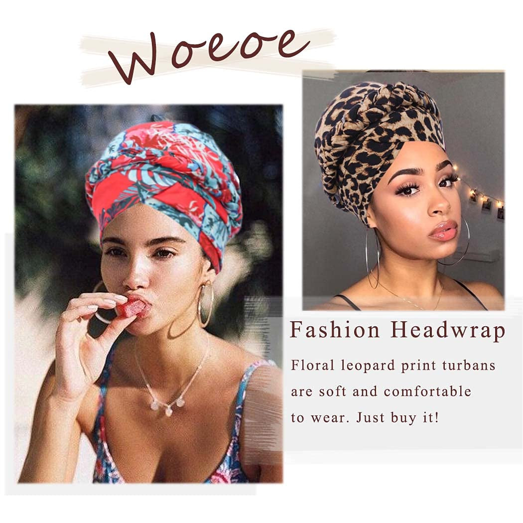 Woeoe African Turban Leopard Print Stretch Headwear Print Pattern Head Scarf Elastic Beanie Cap Head Wrap for Women and Girls(2 Pieces) Red Apparel & Accessories > Clothing Accessories > Headwear Woeoe   