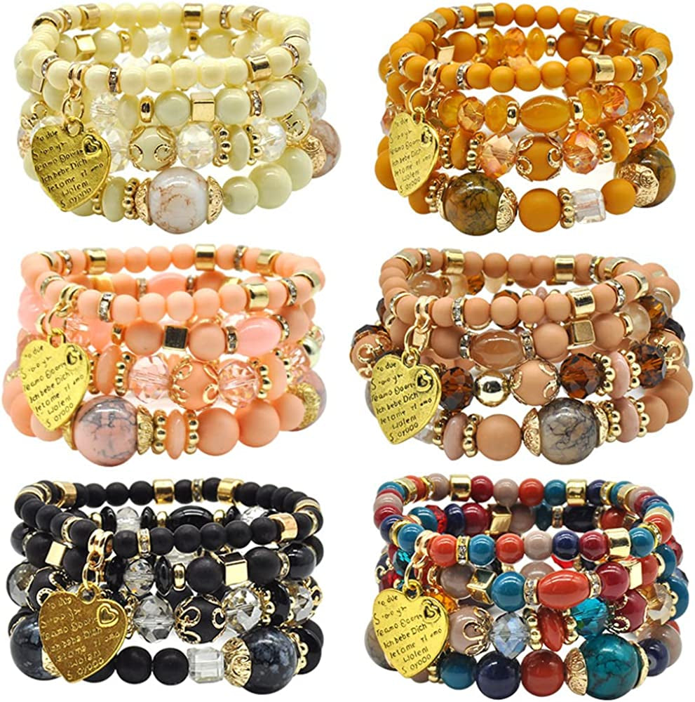 Bohemian Bracelet Sets for Women - 6 Sets Stackable Stretch Bracelets Multi-Color Boho Jewelry for Women Hippie Bracelets Dainty Jewelry Best Friend Gift Apparel & Accessories > Jewelry > Bracelets VONRU Stackable bracelets with heart charm  