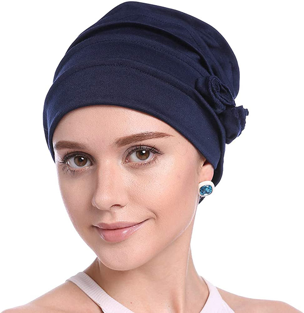 DOCILA Plain Floral Decoration Chemo Beanie for Women Soft Sleep Snood Cap Breathable Hair Loss Muslin Turban Hat Apparel & Accessories > Clothing Accessories > Headwear DOCILA Navy  