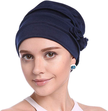DOCILA Plain Floral Decoration Chemo Beanie for Women Soft Sleep Snood Cap Breathable Hair Loss Muslin Turban Hat Apparel & Accessories > Clothing Accessories > Headwear DOCILA Navy  