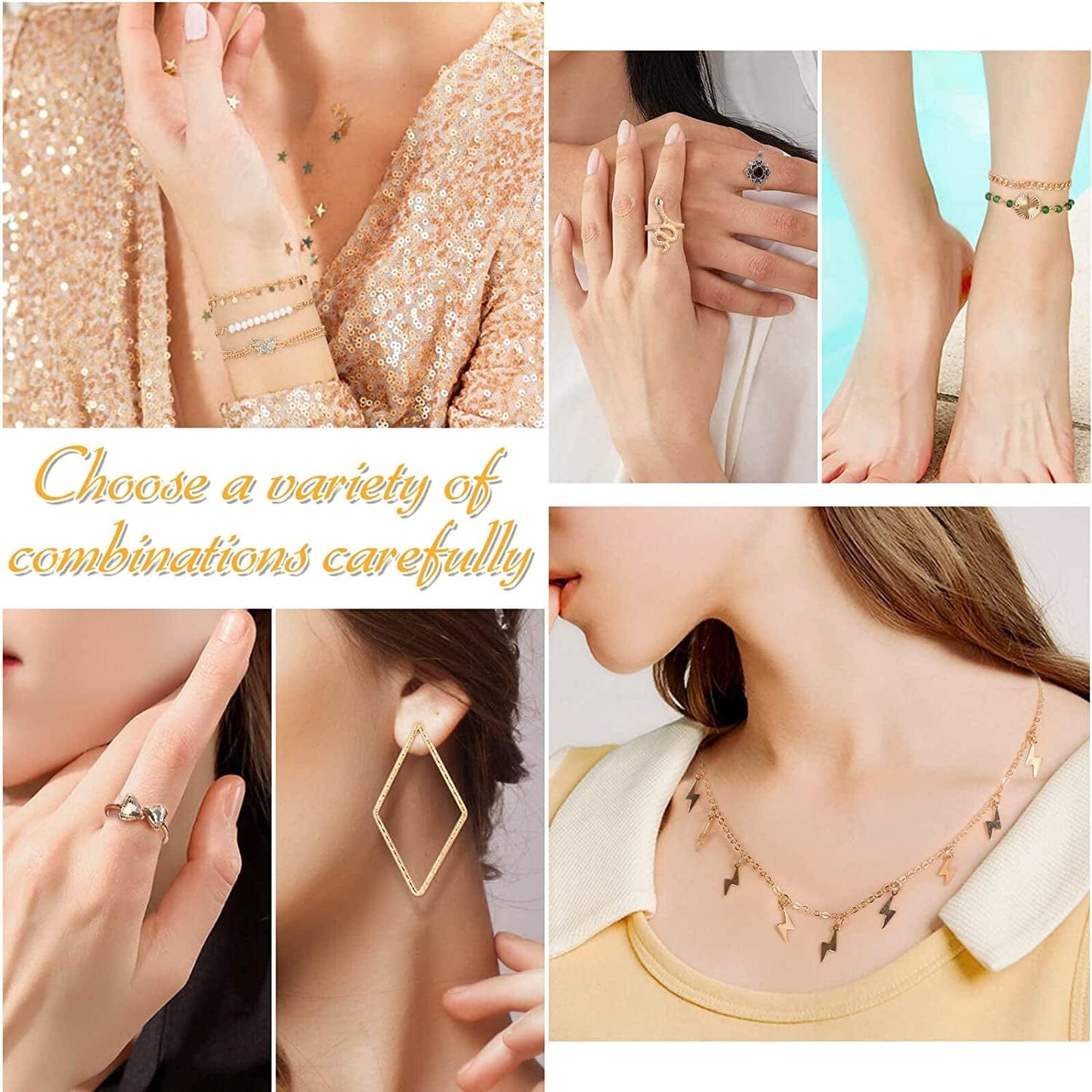 63 Pack of Jewelry Set for Women, Including 15 Pairs Fashion Earrings, 4 Pack Cute Necklaces, 13Pc Aesthetic Bracelets / Anklets and 31Pc Dainty Rings, Trending Gift for Teen Girls