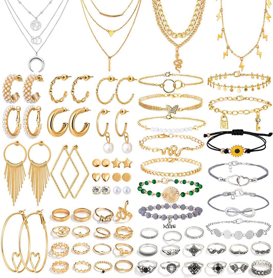 63 Pack of Jewelry Set for Women, Including 15 Pairs Fashion Earrings, 4 Pack Cute Necklaces, 13Pc Aesthetic Bracelets / Anklets and 31Pc Dainty Rings, Trending Gift for Teen Girls