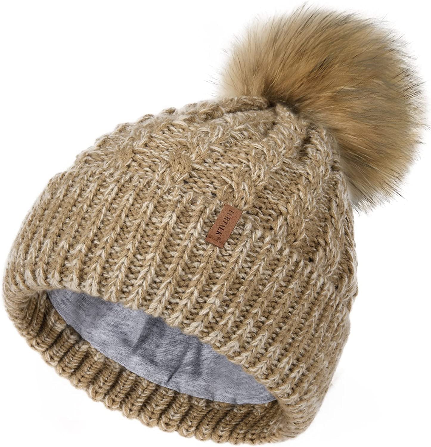 FURTALK Winter Beanie Hat for Women Cotton Lined Faux Fur Pom Pom Hats Womens Warm Thick Knit Skull Cap Apparel & Accessories > Clothing Accessories > Hats KYLIE MAX 05 Mixed Khaki One Size 