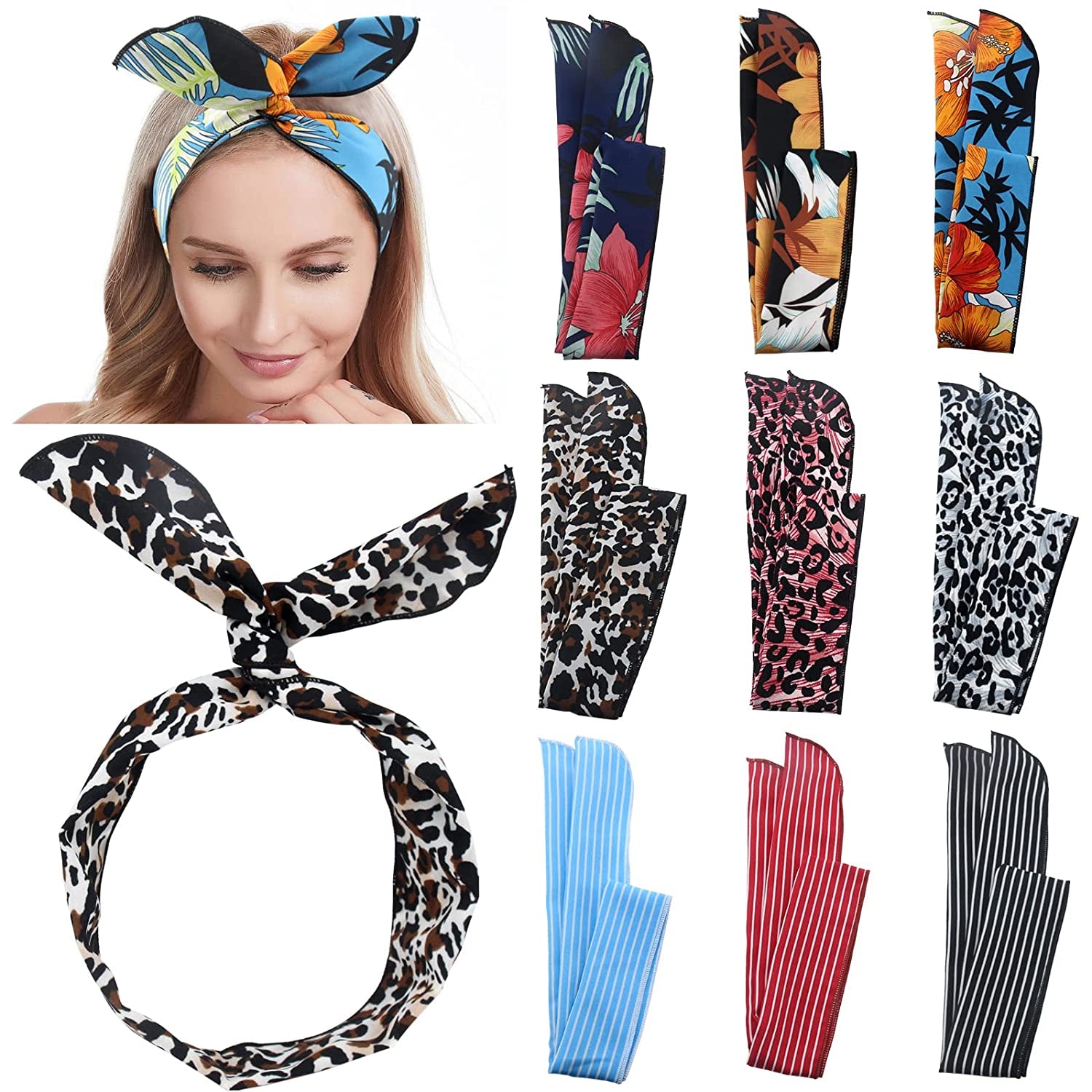 Carede Twist Bow Wire Headbands Head Wrap Retro Bowknot Polka Dot Lattice Design Rabbit Ear Wired Hairbands Hair Holder Hair Accessory for Women and Girls,Pack of 9 Apparel & Accessories > Clothing Accessories > Bandanas & Headties Carede No5(Mixed 9 pcs)  