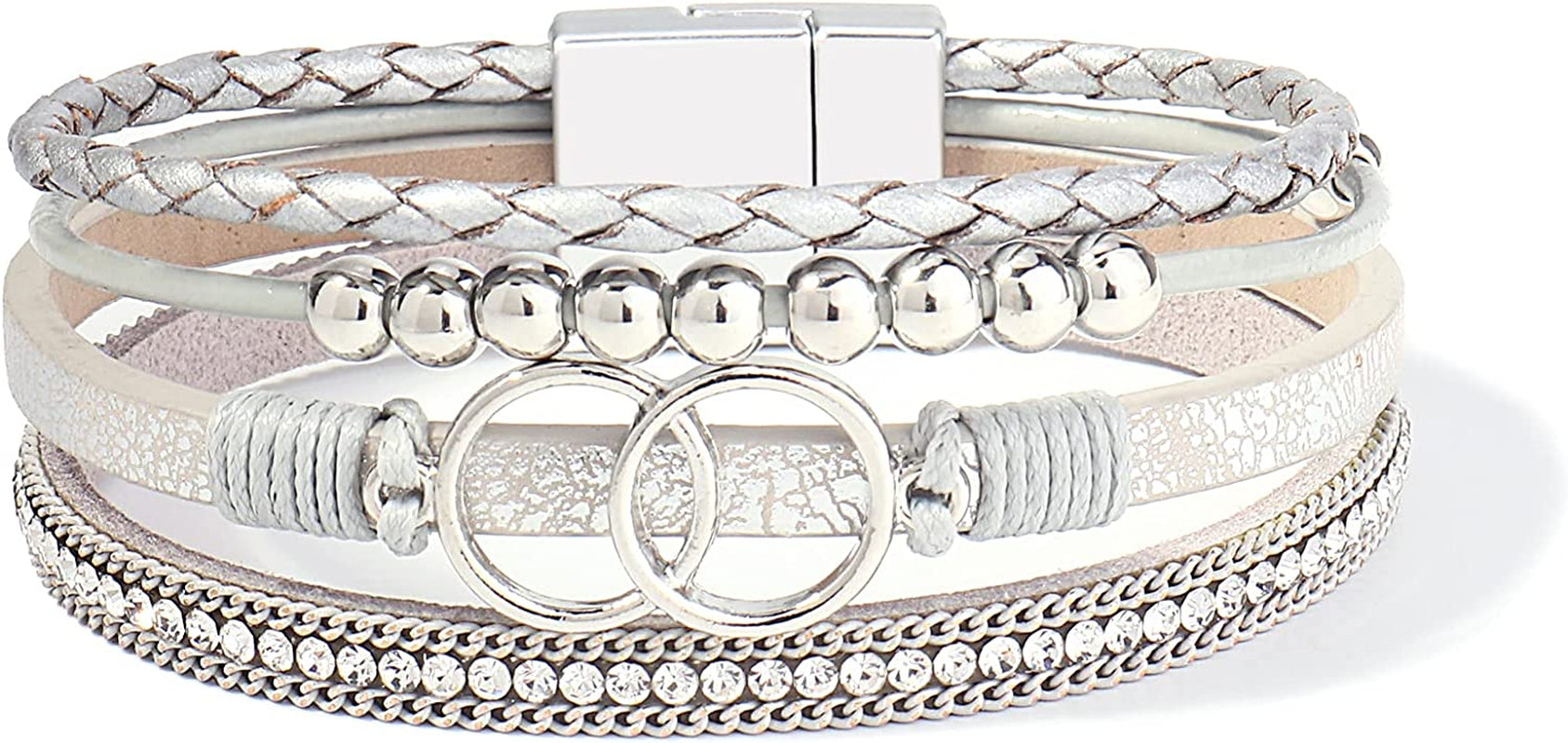 FANCY SHINY Boho Wrap Bracelets Leather Cuff Bangle Gold Beaded Bracelets for Women Stackable Infinity Bracelets Jewelry with Clasp Apparel & Accessories > Jewelry > Bracelets FANCY SHINY Silver  