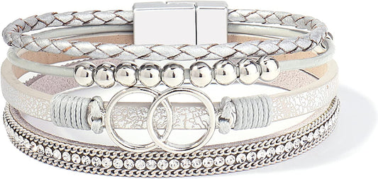 FANCY SHINY Boho Wrap Bracelets Leather Cuff Bangle Gold Beaded Bracelets for Women Stackable Infinity Bracelets Jewelry with Clasp Apparel & Accessories > Jewelry > Bracelets FANCY SHINY Silver  