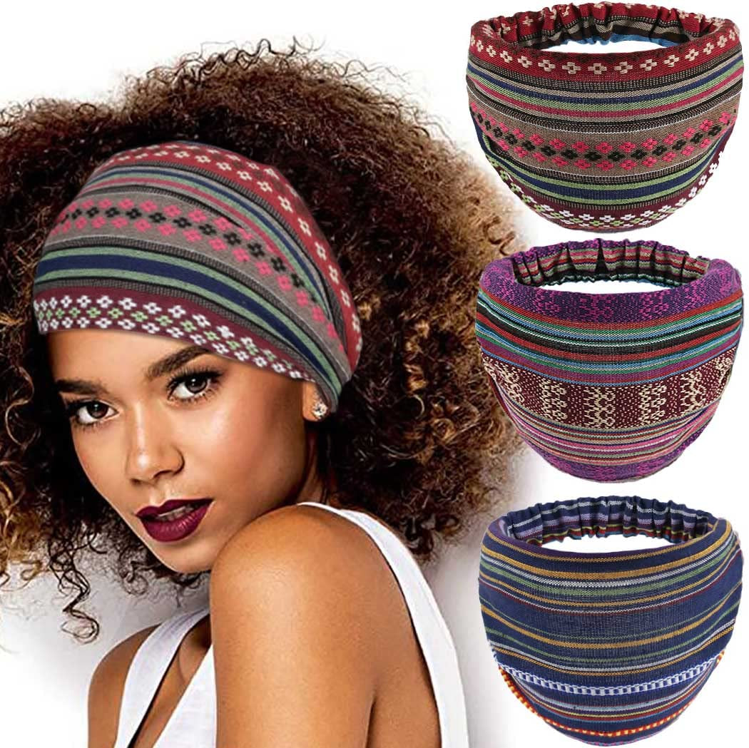 CAKURE Boho Wide Headbands African Head Wraps Stretchy Hairbands Stripe Turban Head Bands for Women and Girls Pack of 3 (Set1) Apparel & Accessories > Clothing Accessories > Bandanas & Headties CAKURE Set2a  