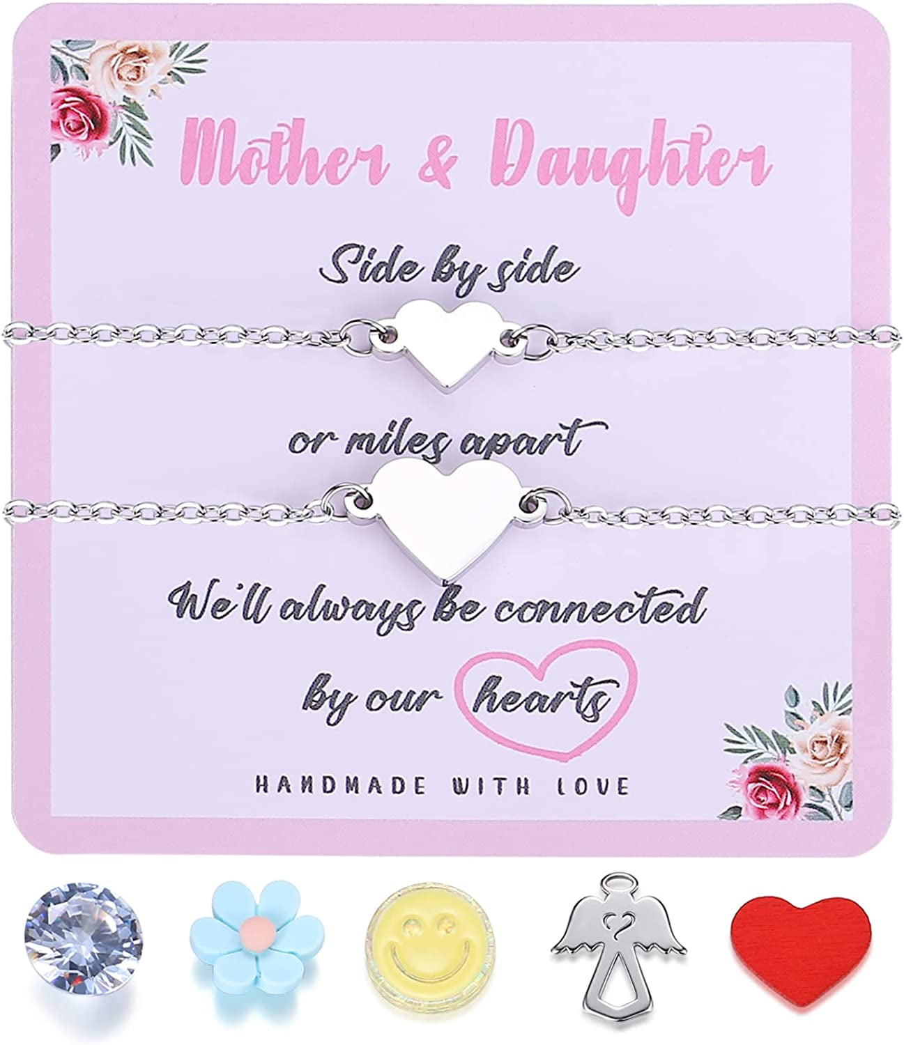 SAM & LORI Unique Matching Bracelets for Best Friends Couples Mother Daughter Son Dad Sisters Brothers-Unisex Adjustable Bracelets- Comes with Cards in Giftable Packing Apparel & Accessories > Jewelry > Bracelets SAM & LORI 1-Mother Daughter - Silver-2 Hearts  