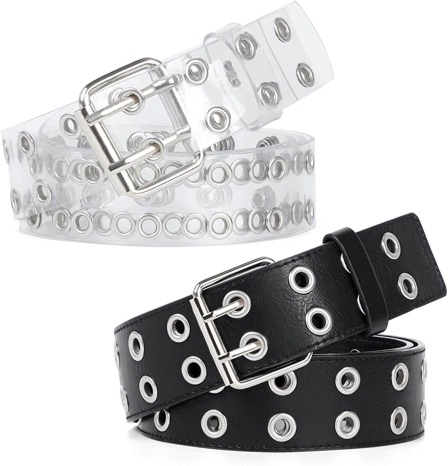 WERFORU 2 Pack Double Grommet Belt PU Leather Punk Belt for Women Jeans Apparel & Accessories > Clothing Accessories > Belts WERFORU B-black+sliver suit for pant below 47" 