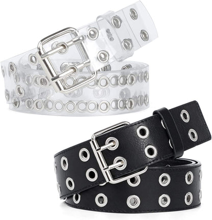WERFORU 2 Pack Double Grommet Belt PU Leather Punk Belt for Women Jeans Apparel & Accessories > Clothing Accessories > Belts WERFORU B-black+sliver suit for pant below 47" 