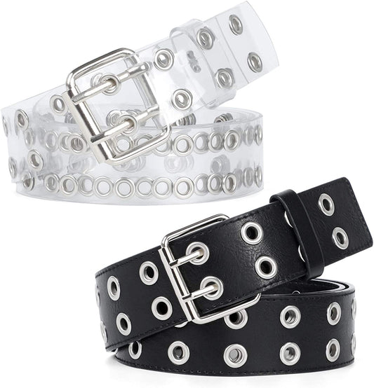 WERFORU 2 Pack Double Grommet Belt PU Leather Punk Belt for Women Jeans Apparel & Accessories > Clothing Accessories > Belts WERFORU B-black+sliver suit for pant below 47" 