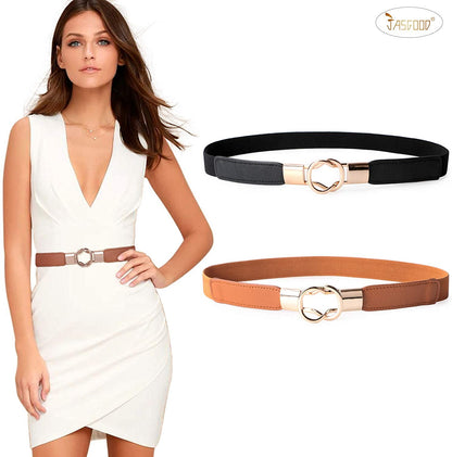 JASGOOD 2 Pack 3 Pack Women Retro Elastic Stretchy Metal Buckle Skinny Waist Belt 1 Inch Wide Apparel & Accessories > Clothing Accessories > Belts KYLIE MAX   