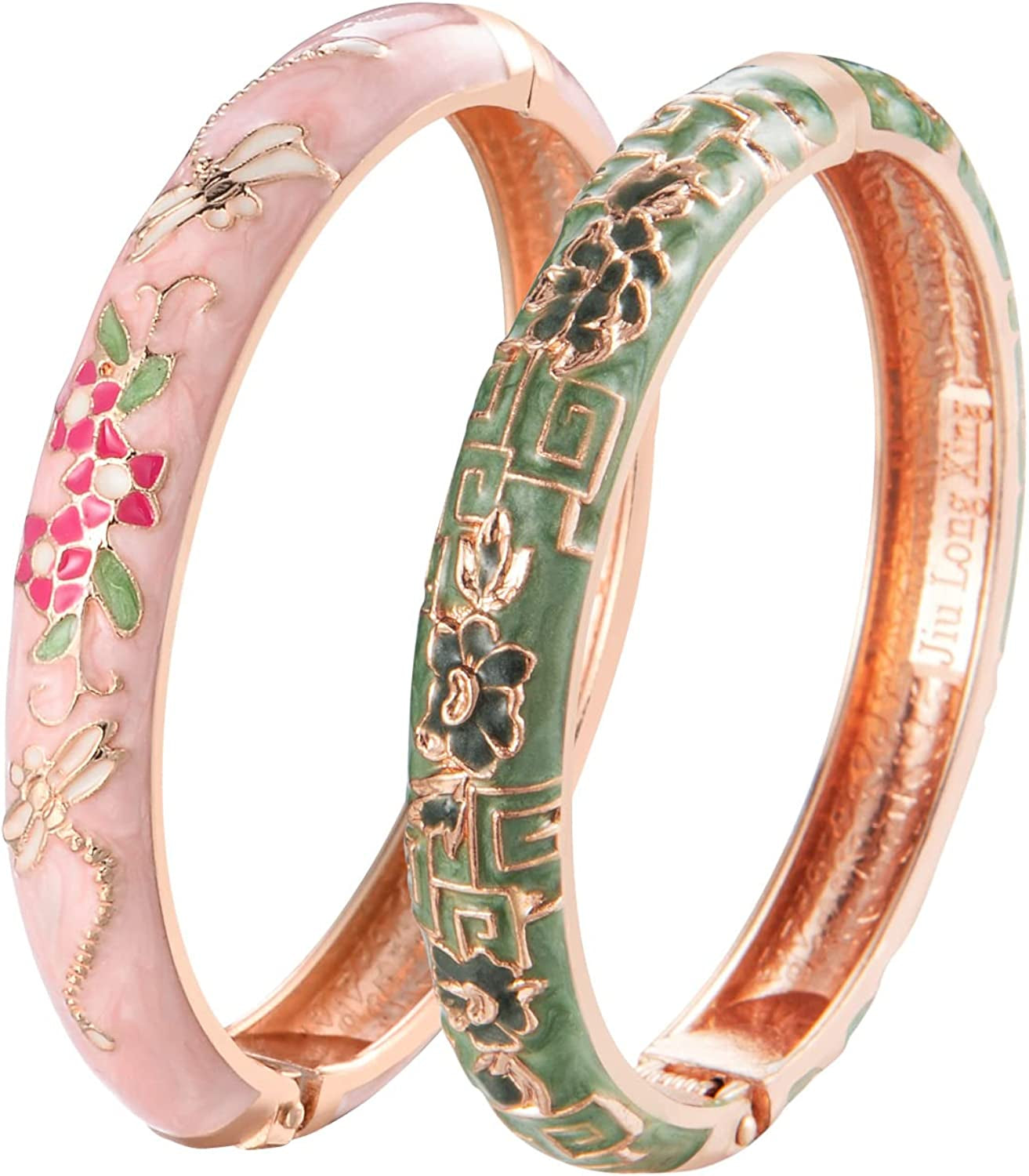 UJOY Cloisonne Bracelet Butterfly Gold Hinge Indian Cuff Bangle Enameled Jewelry Flower Bracelets for Women Gift Box 55A114 Apparel & Accessories > Jewelry > Bracelets UJOY A114-2 Pcs Set-Green Pink  