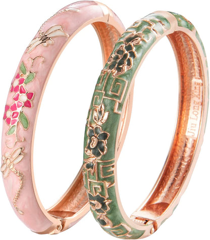 UJOY Cloisonne Bracelet Butterfly Gold Hinge Indian Cuff Bangle Enameled Jewelry Flower Bracelets for Women Gift Box 55A114 Apparel & Accessories > Jewelry > Bracelets UJOY A114-2 Pcs Set-Green Pink  
