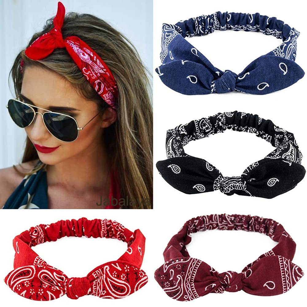 Carede 6 Pack Elastic Paisley Bandana Knot Headbands Rabbit Ear Bow Headband Turban Headwraps Hair Band for Women Girls Apparel & Accessories > Clothing Accessories > Bandanas & Headties Carede   