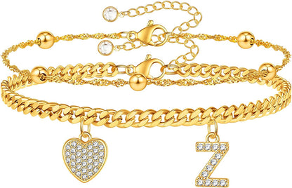 Gold Ankle Bracelets for Women 14K Gold Plated Heart Initial Cuban Link Anklets for Women Charm Gold Anklet for Women Summer Bracelets for Teen Girls Women Anklets Jewelry Apparel & Accessories > Jewelry > Anklets BRIJEWLIC Z  