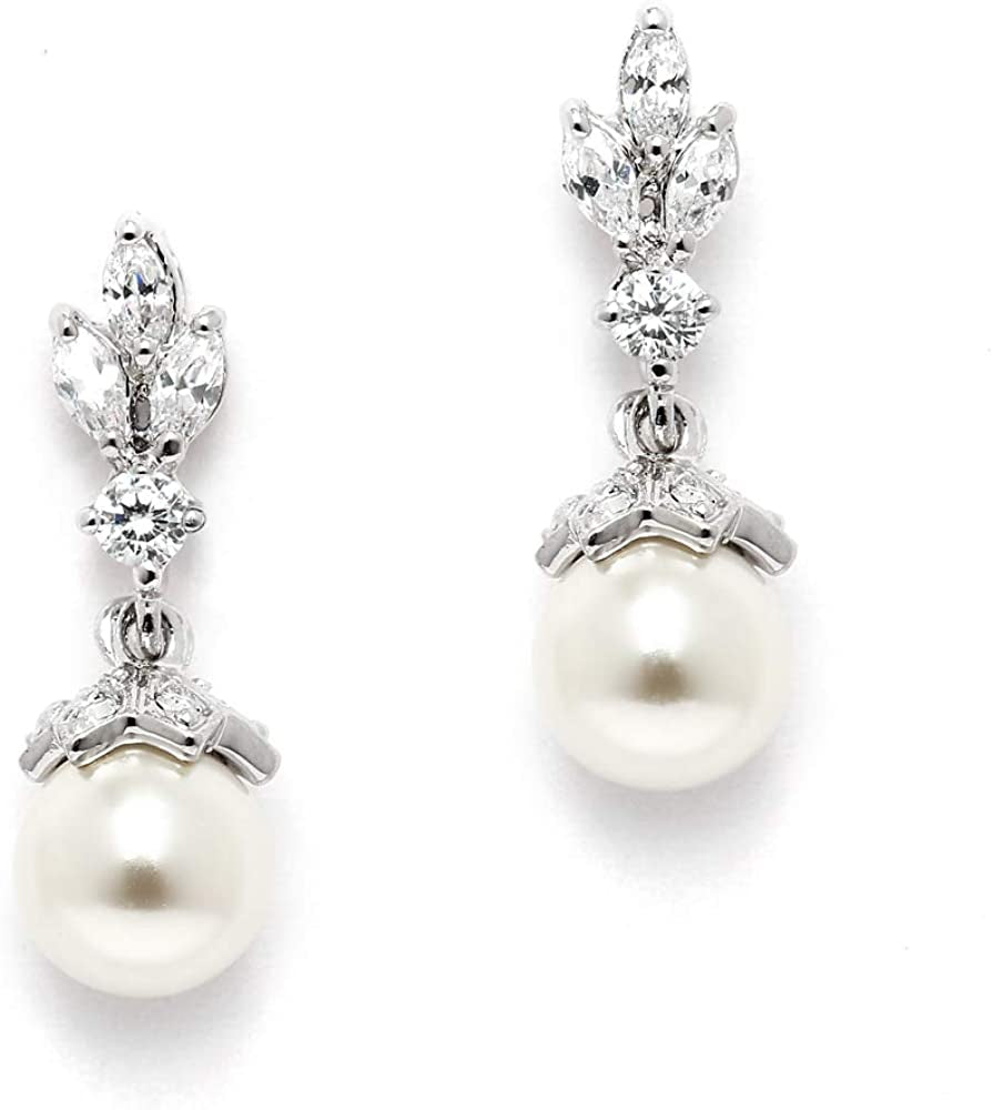 Mariell Light Ivory Pearl Drop Vintage Wedding Earrings with Platinum Plated Cubic Zirconia Marquis Apparel & Accessories > Jewelry > Earrings Mariell   