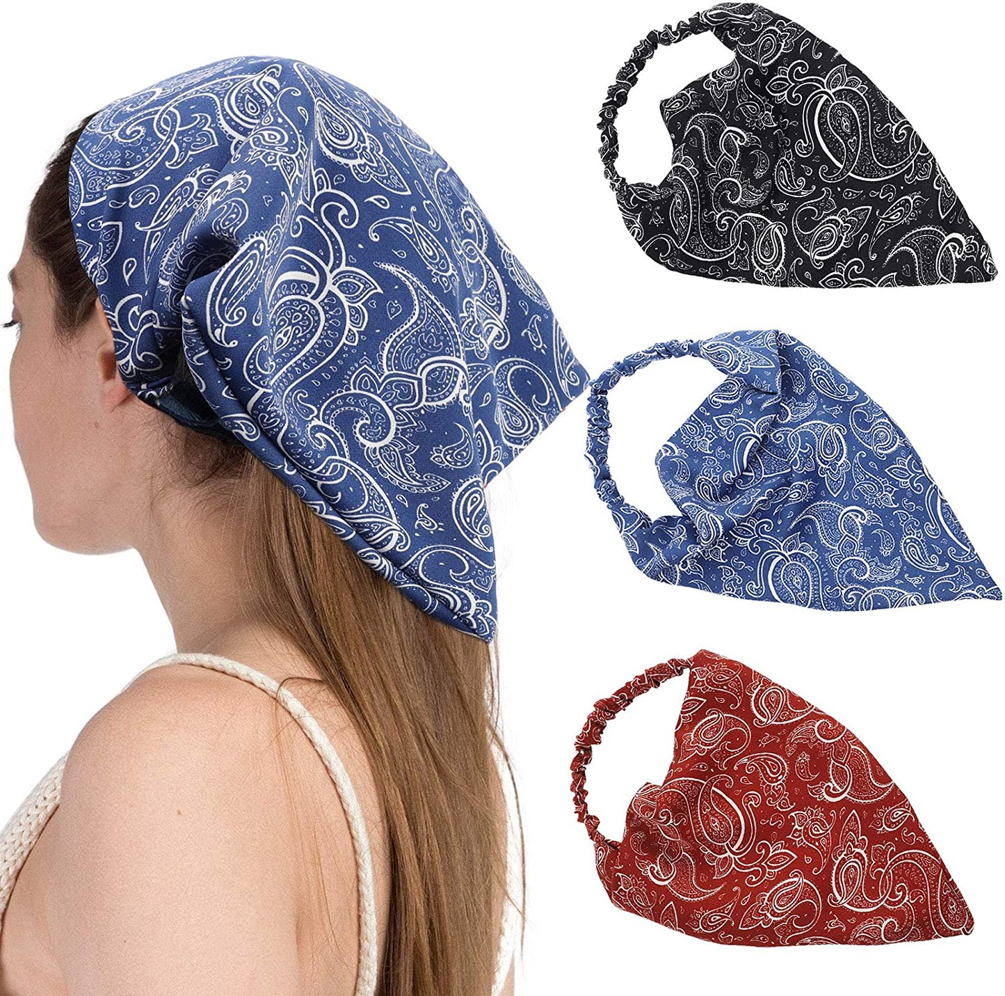 Floral Elastic Hair Scarf Headband - 3 PCS Chiffon Head Kerchief Headband Floral Hair Scarves with Hair Clips Hair Bandanas Apparel & Accessories > Clothing Accessories > Bandanas & Headties AWAYTR Cashew(navy/Burgundy/Black)  