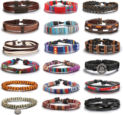 Hanpabum 18Pcs Braided Leather Bracelets for Men Women Woven Cuff Wrap Bracelet Wood Beads Ethnic Tribal Bracelets Adjustable Apparel & Accessories > Jewelry > Bracelets HANPABUM C  