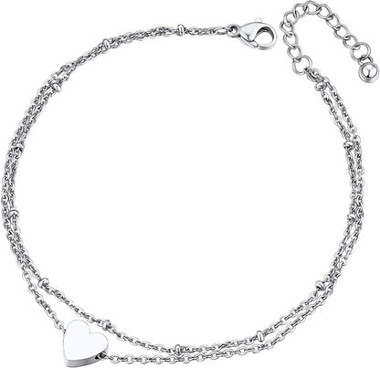 Chainspro Womens S925 Sterling Silver Adjustable Anklet, Heart/Moon/Handcuff Ankle Bracelet,Summer Foot Jewelry, Stainless Steel/Gold Plated(Send Gift Box) Apparel & Accessories > Jewelry > Anklets ChainsPro 3-heart-stainless  