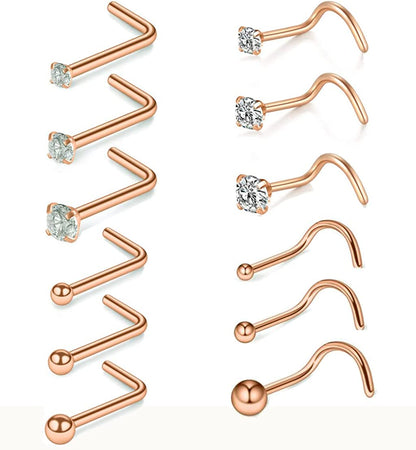 Nose Rings and Studs Set 20G Men Women,L Shape Nose Ring Studs and Screw Nostril Body Piercing Jewelry Set Hypoallergenic Surgical Steel(12Pcs,Size 1.5,2,3Mm) Apparel & Accessories > Jewelry > Body Jewelry Renkovte Rose Gold_12PCS 20G-7mm L shape&Screw Shape 1.5mm 2.0mm 3.0mm Ball&CZ Top 