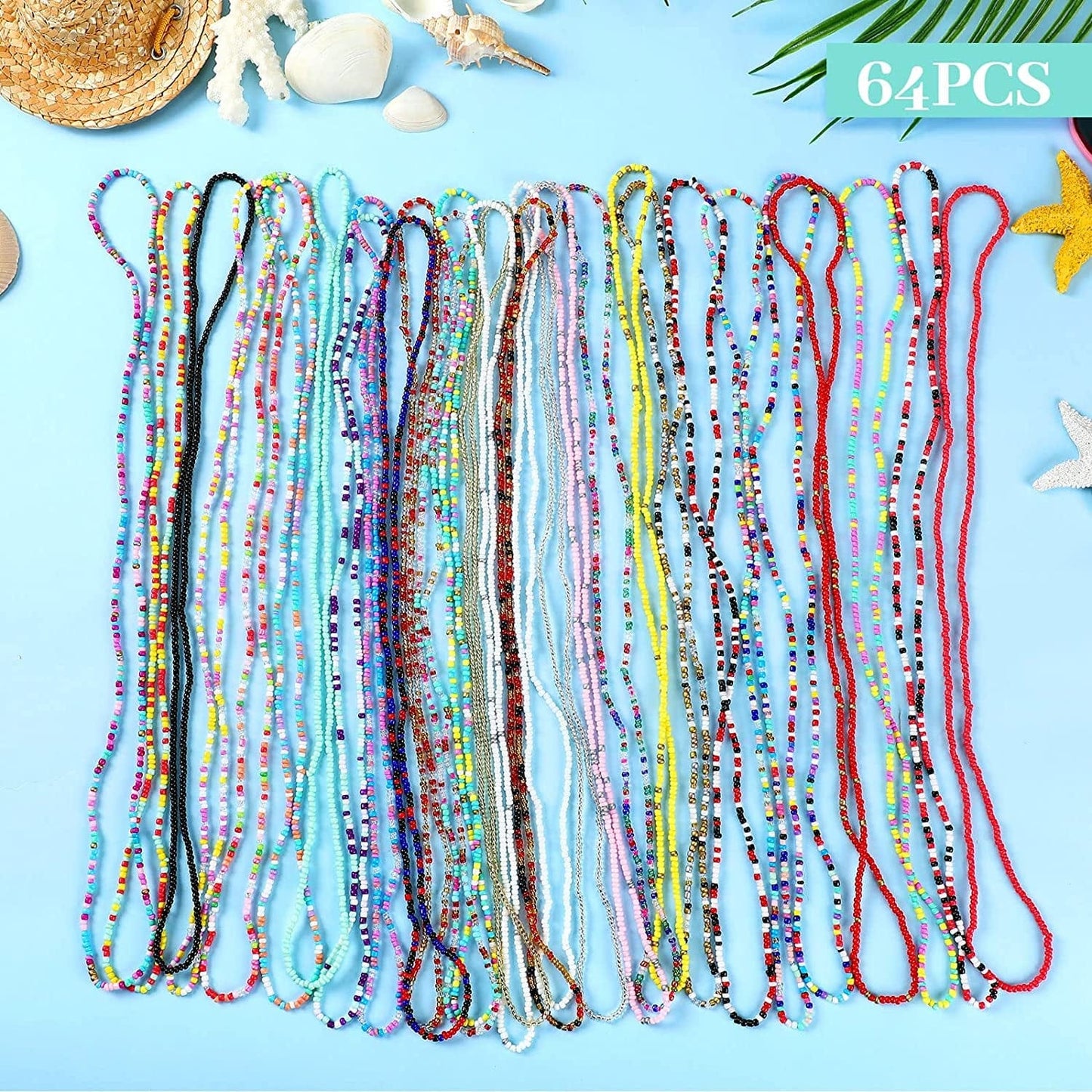 64 Pcs African Waist Beads Chain Colorful Belly Body Chain Layered Belly Chain Summer Waist Beads for Weight Loss Adjustable Bikini Jewelry Chains Stomach Bracelet for Women Girls Beach Party Apparel & Accessories > Jewelry > Body Jewelry Zhehao   