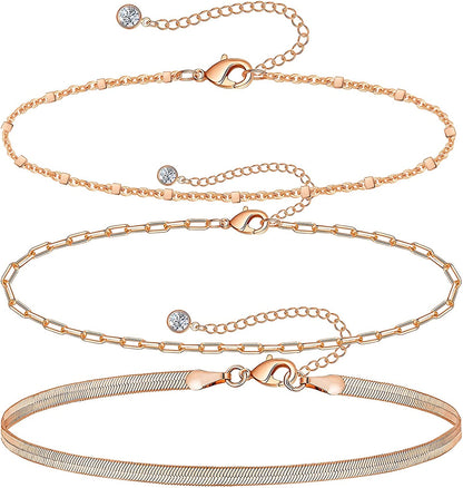 Gold Ankle Bracelets for Women 14K Gold Plated Anklet Silver Rose Gold Evil Eye Tennis Crystal Cubic Zirconia Faux Diamond Rhinestone Anklet Dainty Layered Anklet Set 3Pcs Apparel & Accessories > Jewelry > Anklets Vermeyen U-Rose Gold-Chain  