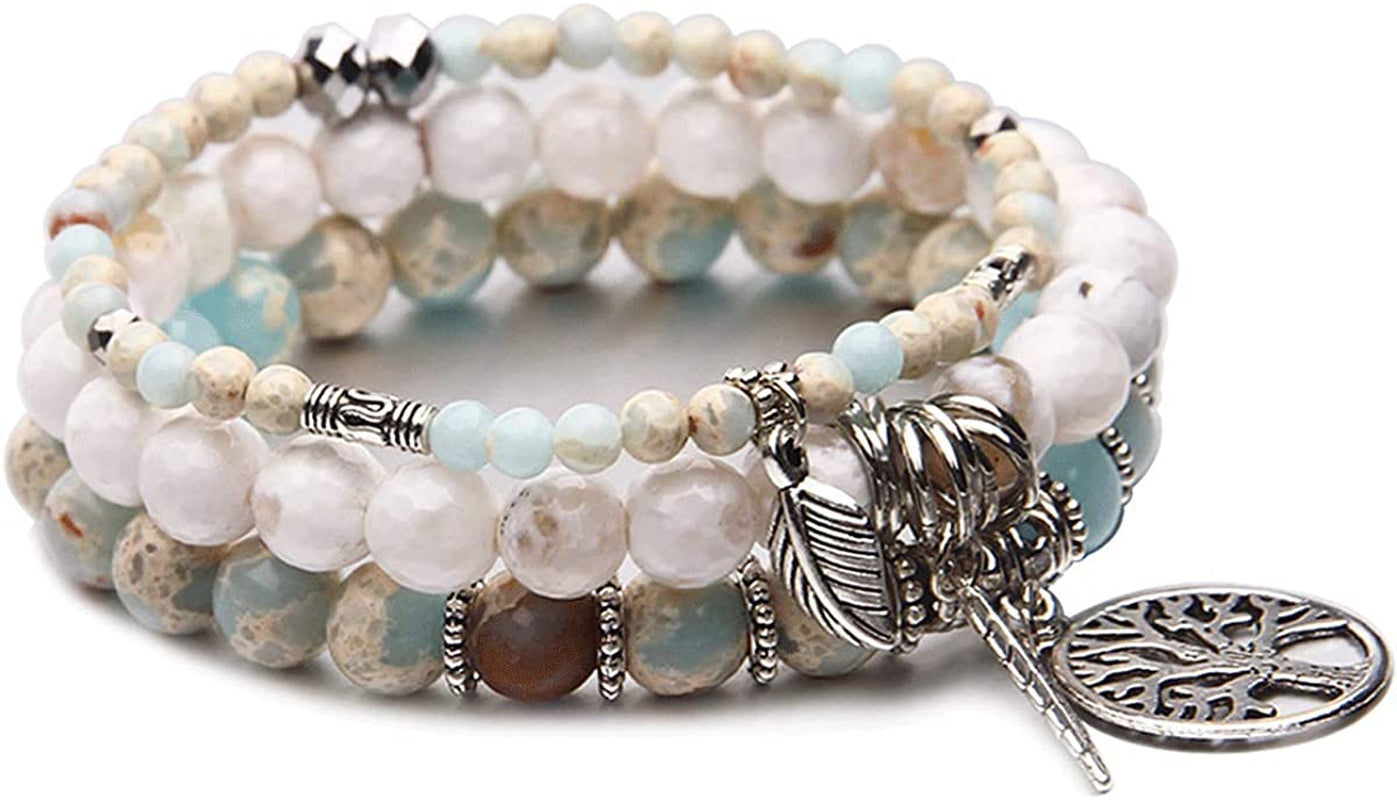 Tree of Life Turquoise Jasper & Tibetan Agate Gemstone Chakra Beaded Bracelet | Beach Charm Bracelet Set - Ocean Jewelry…… Apparel & Accessories > Jewelry > Bracelets Jardme Sky Blue  