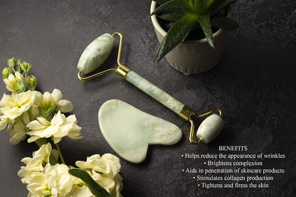 Prettify Premium Jade Face Roller and Gua Sha Set – Authentic Jade Face Roller Massager and Jade Gua Sha Massage Tool Set Health & Beauty > Personal Care > Cosmetics > Cosmetic Tools > Skin Care Tools Prettify   