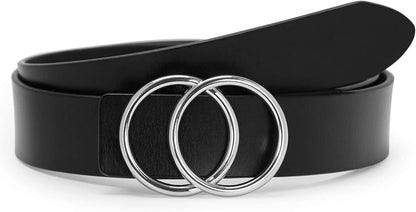 Women Leather Belt Fashion Double O-Ring Soft Faux Leather Waist Belts for Jeans Dress Apparel & Accessories > Clothing Accessories > Belts SUOSDEY G-black/Silver Removable Buckle S: 22''-26'' Waist Size 