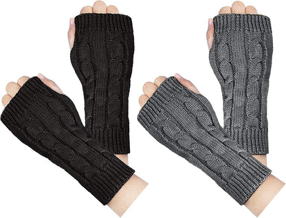 Loritta 2 Pairs Womens Fingerless Gloves Winter Warm Knit Crochet Thumbhole Arm Warmers Apparel & Accessories > Clothing Accessories > Gloves & Mittens Loritta C Black+dark Gray  