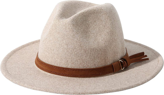 Lanzom Women Lady Felt Fedora Hat Wide Brim Wool Panama Hats with Band Apparel & Accessories > Clothing Accessories > Hats Lanzom 01-beige  
