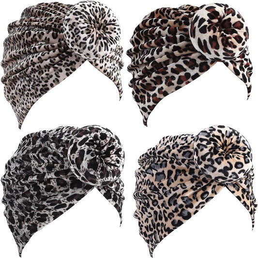 WKJHO 6 Pieces Women Turban Hat African Flower Knot Pre-Tied Bonnet Beanie Cap Headwrap for Girls Apparel & Accessories > Clothing Accessories > Bandanas & Headties Generic Leopard  