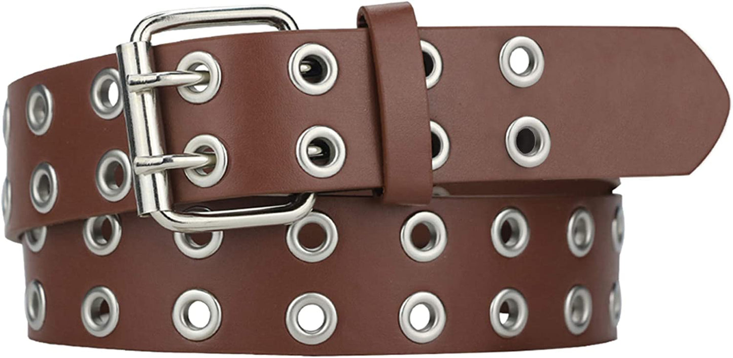Grommet Leather Belts for Women, Black Belt Women Men with Double Studded Holes Apparel & Accessories > Clothing Accessories > Belts macoking Brown-double Holes Fit for waist up to 41" 