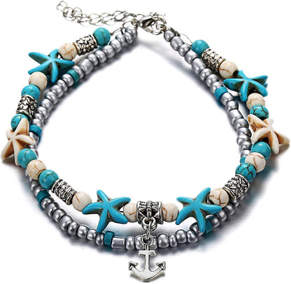 Softones Blue Starfish Turtle Anklet Multilayer Charm Beads Sea Handmade Boho Anklet Foot Jewelry for Women Girl Apparel & Accessories > Jewelry > Anklets Softones O:Boat Anchor  