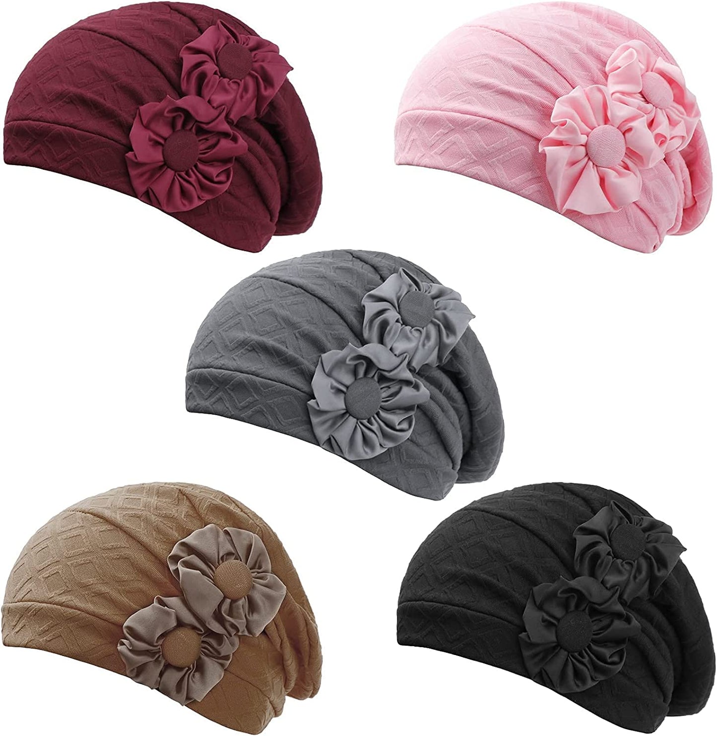 HONENNA Chemo Caps Headwear for Women Turbans Beanies Flowers Hats Headwrap for Cancer Patient Hair Loss Apparel & Accessories > Clothing Accessories > Headwear HONENNA Flower:5 Pack[black+gray+brown+wine+pink]  