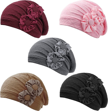 HONENNA Chemo Caps Headwear for Women Turbans Beanies Flowers Hats Headwrap for Cancer Patient Hair Loss Apparel & Accessories > Clothing Accessories > Headwear HONENNA Flower:5 Pack[black+gray+brown+wine+pink]  