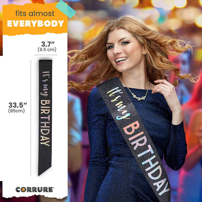 CORRURE 'It'S My Birthday' Sash Glitter with Multicolor Foil - Black Glitter Happy Birthday Sash for Women - Party Favors Supplies and Decorations for Sweet 16, 18Th 21St 30Th 40Th or Any Bday Party Apparel & Accessories > Clothing Accessories > Sashes CORRURE   