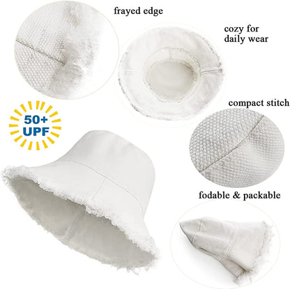 Frayed-Edge-Bucket-Hat-Summer Distressed-Beach-Sun-Hat-For-Women Men Teens Girls- Floppy Wide-Brim Fisherman Cap(Size: 7 1/8) Apparel & Accessories > Clothing Accessories > Hats UTOWO   