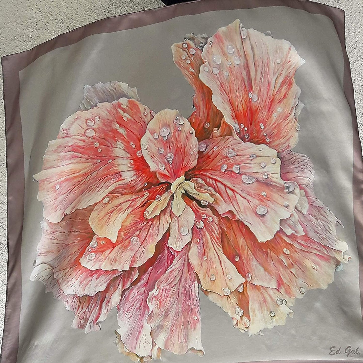 Designer Square Silk Scarf for Women Hand Painted and Printed Grey Shawl with Pink Rose Unique by Edgalart Apparel & Accessories > Clothing Accessories > Scarves & Shawls Generic   